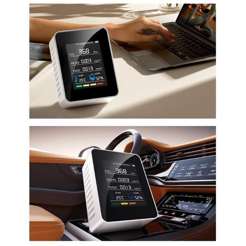 5 in 1 Air Quality Monitors Indoor Air Quality Meter Rechargeable Tester for CO2 TVOC Temperature Humidity Display