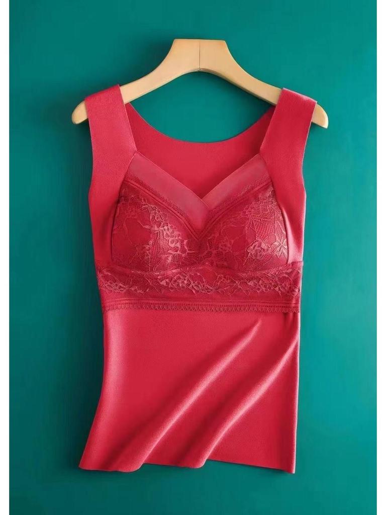 German Velvet Warm Vest with Lace Base Layer and Chest Pad - Plus Size Seamless Self-Heating Bra for Autumn and Winter