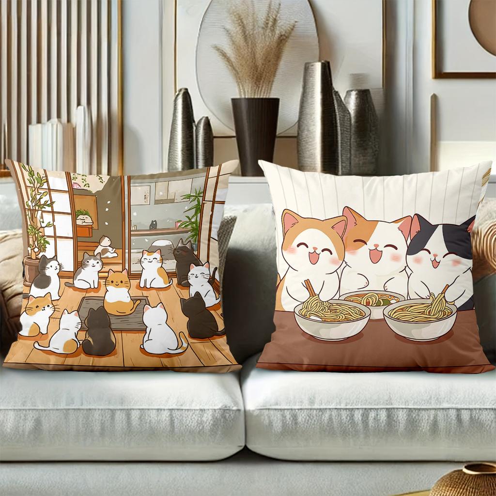 Cute Cat Pillow Covers With Food And Home Scenes Polyester Pillowcase, Sofa Decorative Cushion Cov Headboard Pillow
