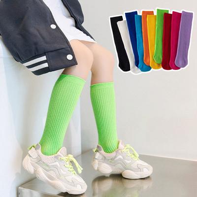 Einfarbige, leuchtende Farben, Herbst und Winter, hohe Elastizität, kniehohe lange Socken für Babys, Mädchen und Jungen, gerippte, gestreifte Strümpfe über der Wade