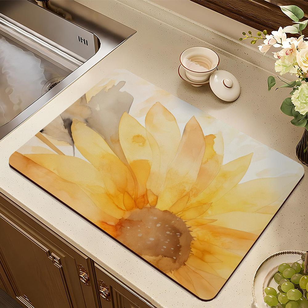 Yellow Sunflower Retro Draining Pad Drying Mat For Kitchen Bar Coffee Dishes Rubber Quick Drying Water Absorbent Anti-slip Mat
