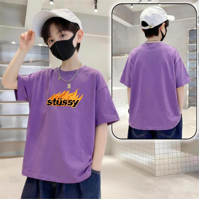 

2026 Boys Trendy Loose-Fit Cotton Letter Print T-Shirt 130 (50-60 jin)