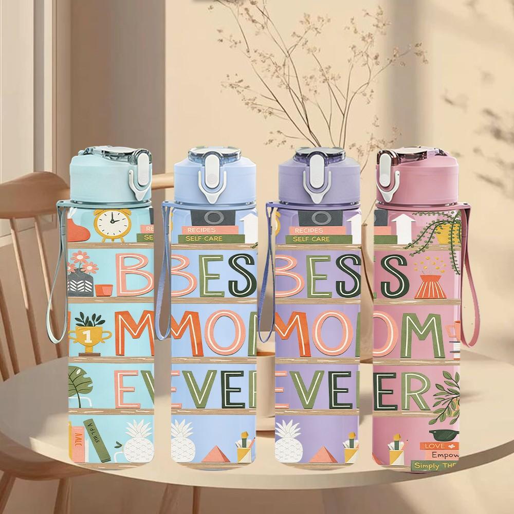 1PC Best Mom Ever Floral Letter Print 750ml Color Plastic Sports Water Bottle Leakproof Flip Straw Lid Suitable for Sports Office Home Use