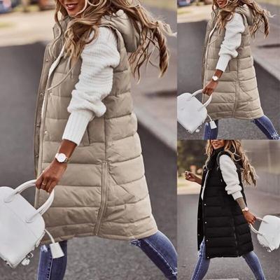 Bestellen Sie zwei Nummern größer, ärmellose Winterjacke für Damen, Midi-Mäntel, Daunenweste, hält warm, elegant, schwarz, mit Kapuze, Street-Hipster-Dame, Baumwollmantel