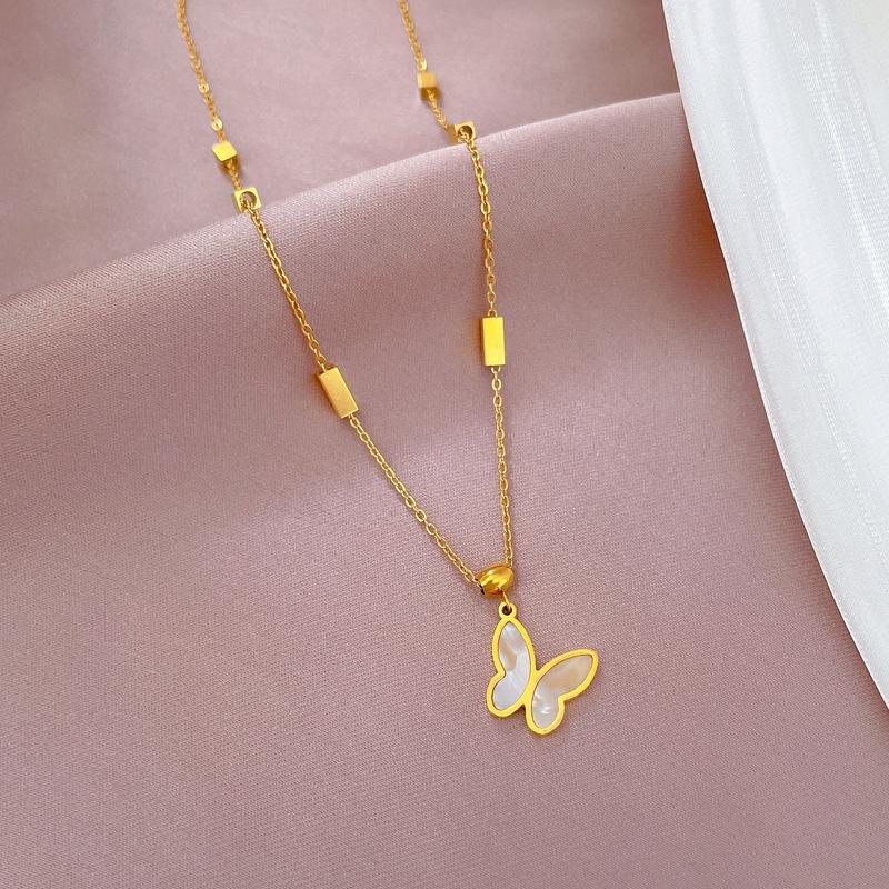 Titanium Steel, Shell Butterfly Minimalist Stove Real Gold Necklace Female Collarbone Chain Accessories