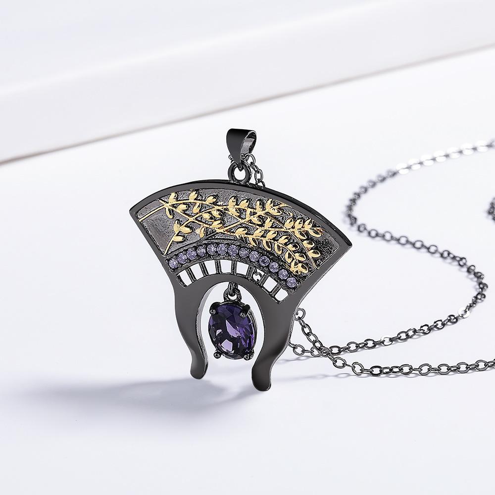 Fan-Shaped Blue Retro Zircon Necklace, Two-Color Black Gold, Please Consult Customer Service For Copper Design.