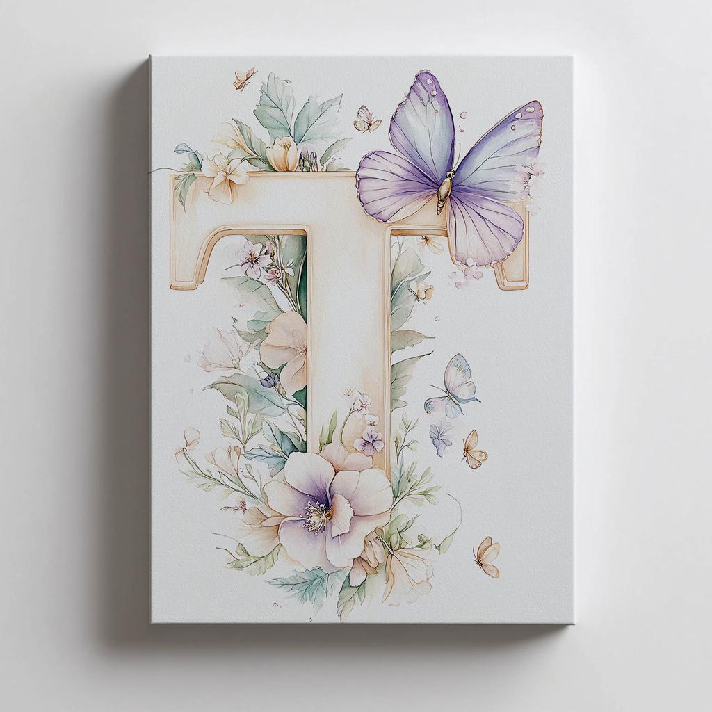 Poster Buchstabe "T" In Blumen Und Schmetterlingen Poster Buchstabe "T" In Blumen Und Schmetterlingen, 30X40 Cm, Ohne Rahmen, Mattes Papier 230 Gsm