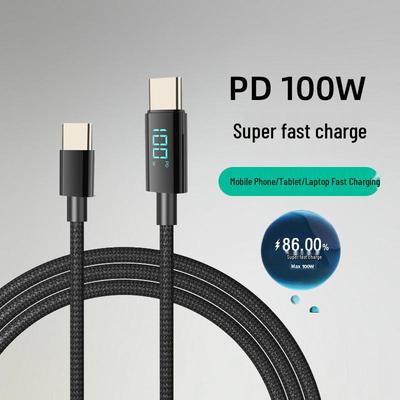 100W Dual Type-C Nylon Braided Fast Charging Cable with Digital Display for Android, Huawei, and Apple Devices.