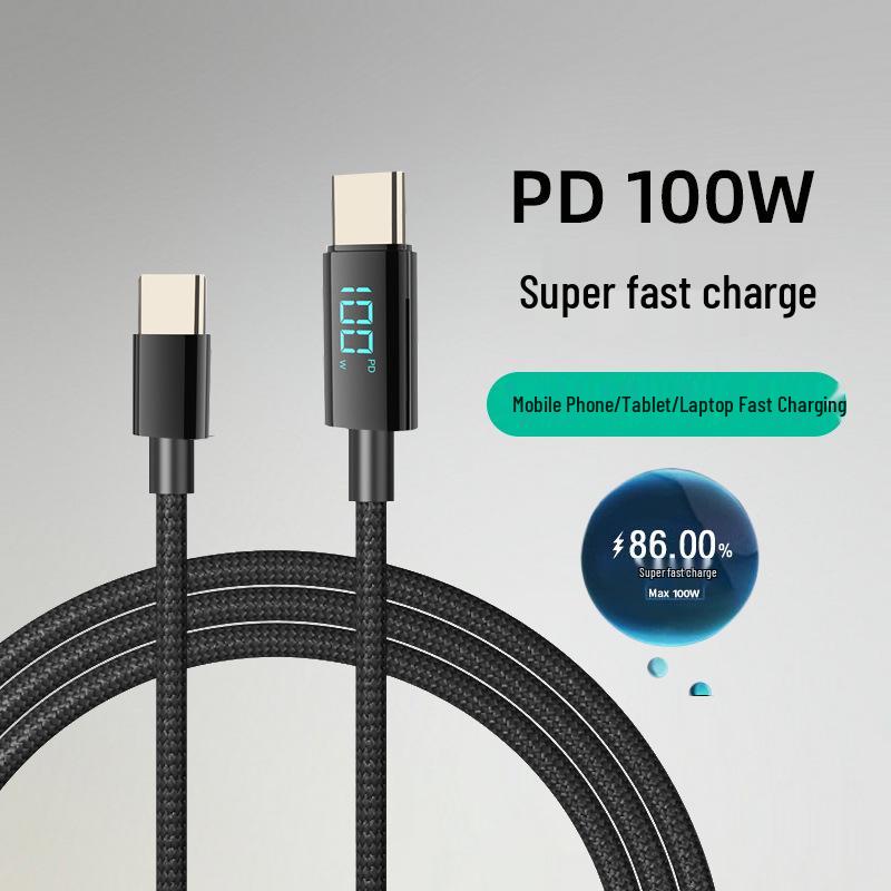 

100W Dual Type-C Nylon Braided Fast Charging Cable with Digital Display for Android, Huawei, and Apple Devices. 100W Type-C to Type-C