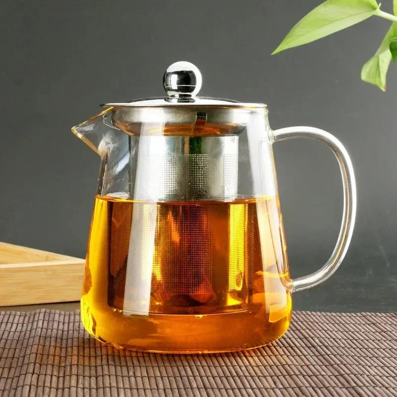 NEW Heat Resistant Glass Teapot With Stainless Steel Infuser Heated Container Tea Pot Good Clear Kettle Square Filter Baskets