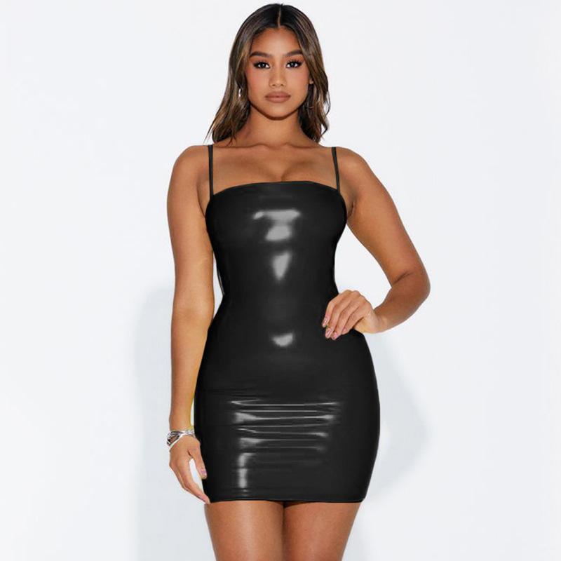 Women's Summer Sexy Off-shoulder Suspender Waistband Hip-pack Dress Sequin PU Leather Skirt Women