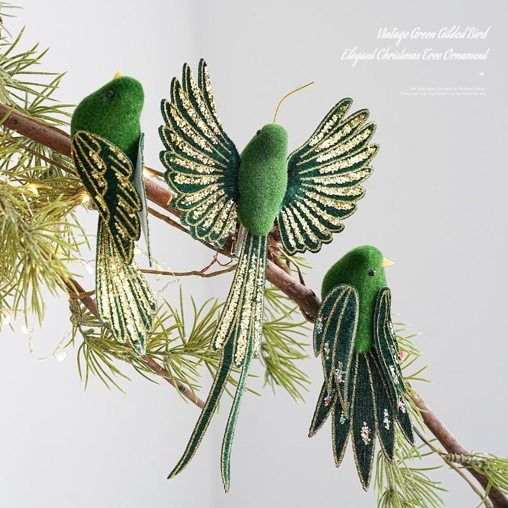1pair Glitter Finish Christmas Tree Bird Decoration Long Feather Tail Lightweight Design Artificial Bird Ornament Handmade Craft