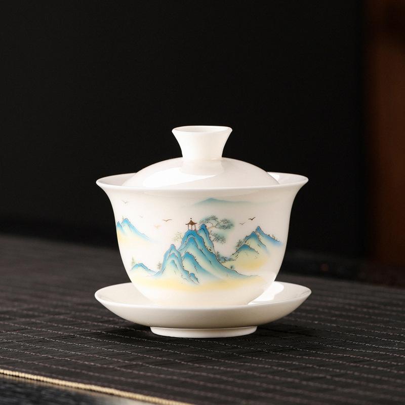 Suet jade white porcelain kung fu tea set gift box household ceramic Jiangshan gift box accompanying gifts can be ordered
