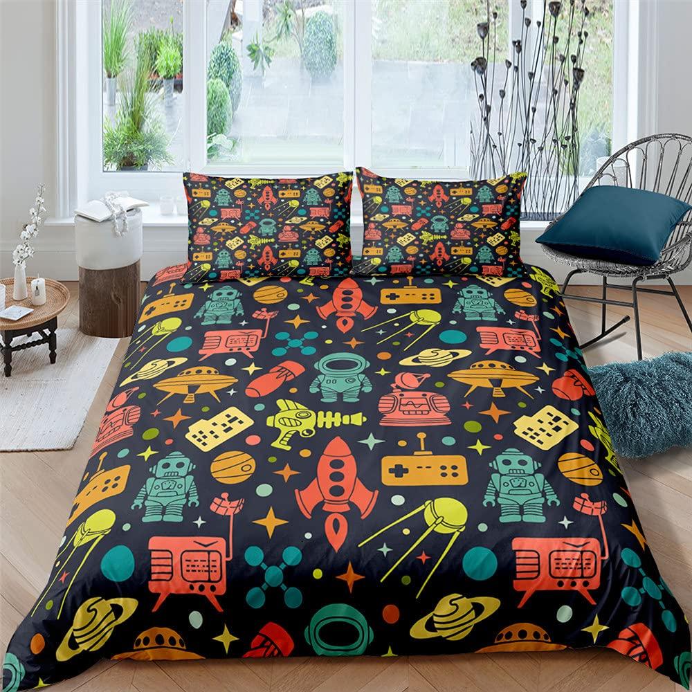 Children Kids Young Boys' King-Sized Dimensionsd Dimensions Beding - Watercolor Robot Soft Duvet Cover Set, 2/3 Pcs Featuring Modern Carton Super