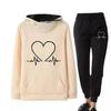 Women's Heartbeat Print Hoodie & Sweatshirt Set - Casual Sportswear for Spring & Autumn