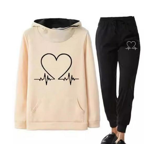 Women's Heartbeat Print Hoodie & Sweatshirt Set - Casual Sportswear for Spring & Autumn
