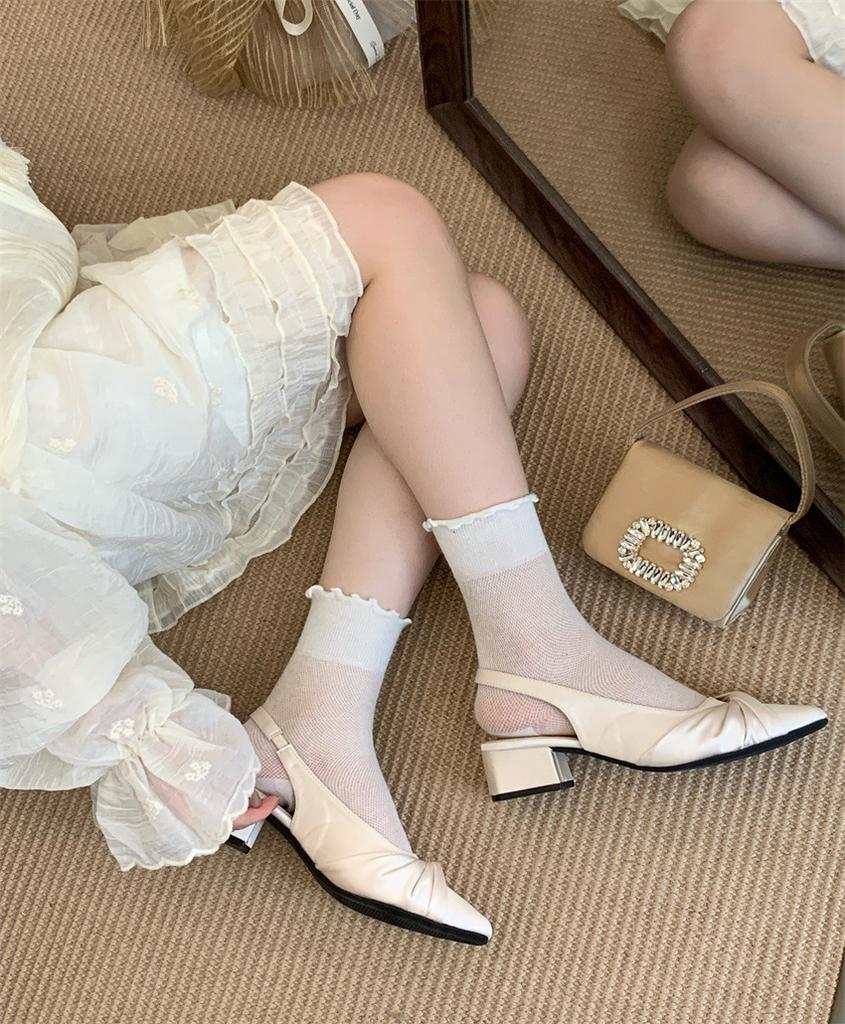 2025 summer new round head mesh bow with thick heel light mouth versatile Mary Jane women's shoes