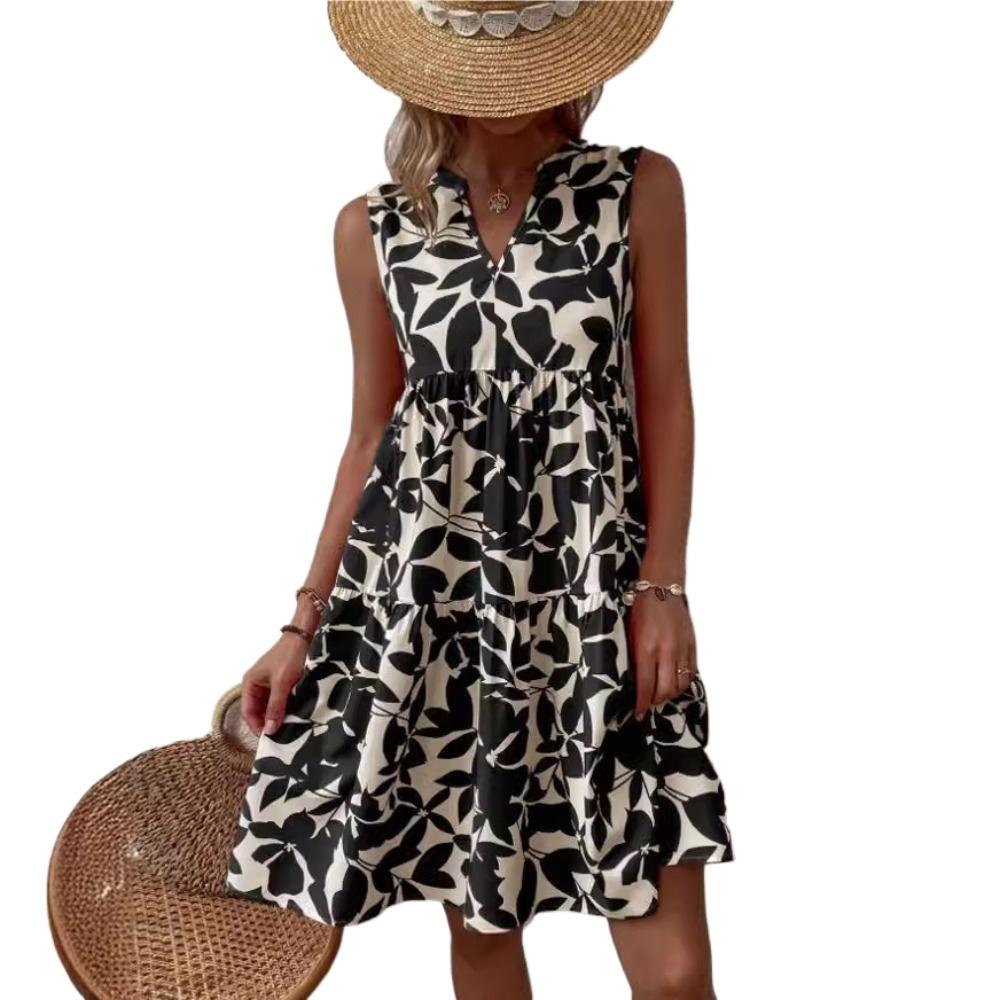 HNXC Damenmode Sommer Blumendruck Ärmellose V-Ausschnitt Freizeitkleider