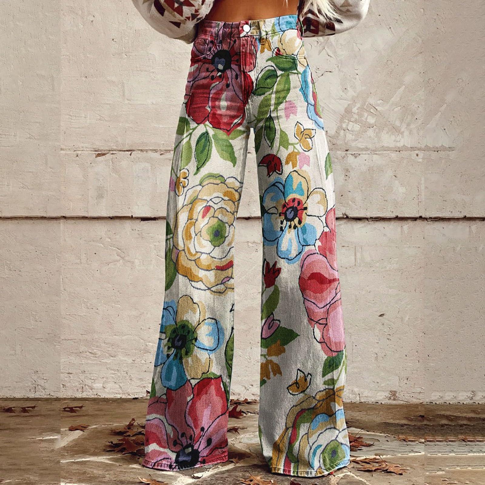

Широкие расклешенные джинсы для женщин с карманами, мешковатые брюки с винтажным цветочным принтом и высокой талией, свободные брюки XXL