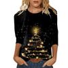 Womens Christmas Gold Tree Print 3/4 Sleeve T Shirt Casual Loose Crew Neck Top Winter