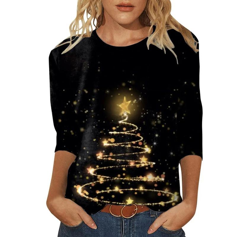 

Womens Christmas Gold Tree Print 3/4 Sleeve T Shirt Casual Loose Crew Neck Top Winter S
