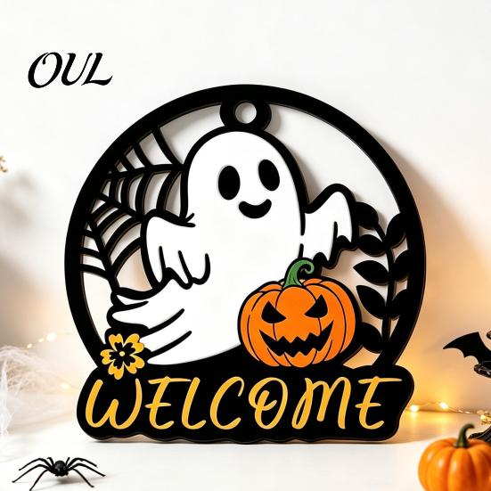 Autumn Seasonal Welcome Decor Halloween Ghost Pumpkin Round Wooden Door Hanger, Wall Plaque Handmade Holiday Gifts for Friends with Rope, Hanging