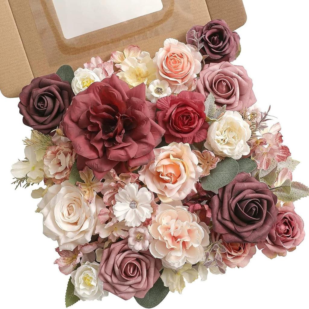 Artificial Flower Combination Box Set, Pink Silk Artificial Rose Bride Bouquet for Outgoing/Indoor DIY Center Piece Flowers for