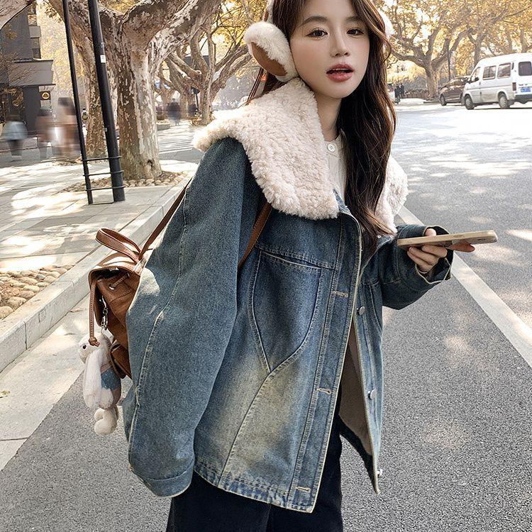 

Лацканы из овчины и бархатная подкладка, джинсовая куртка с хлопковой подкладкой, женская зимняя новая корейская свободная ретро-куртка S