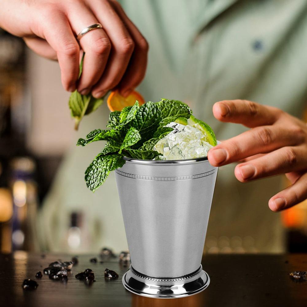 2pcs Beaded Trim Border Stainless Steel Cocktail Mug Silver Mojito Cup Classic Mint Julep Cup  Party