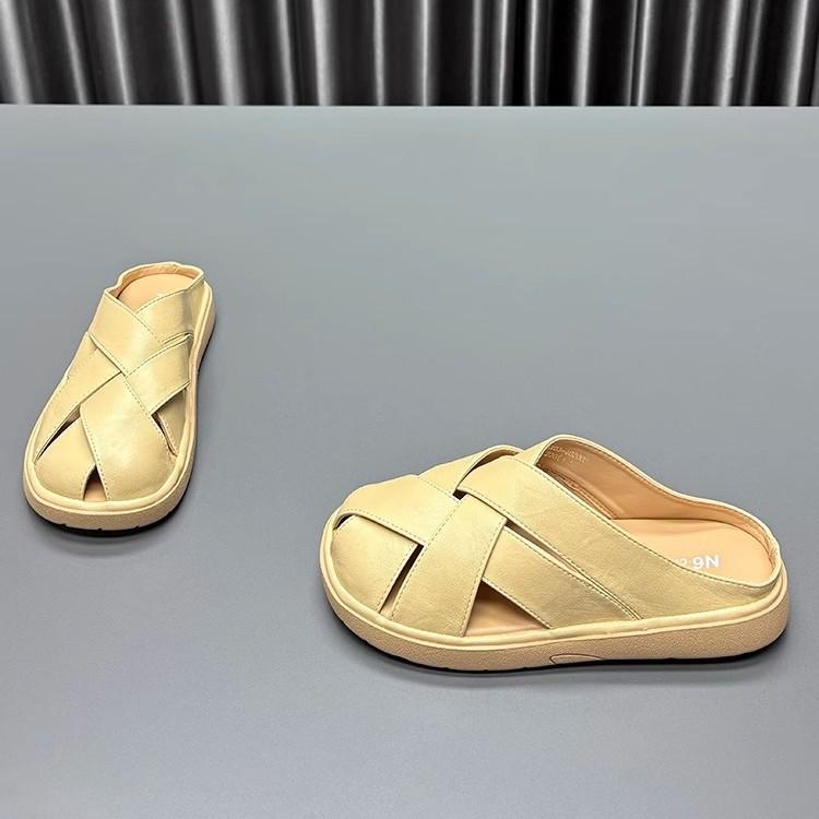 Genuine Leather Bag Head Slippers Women's 2025 Summer New Round Head Thick Bottom Wear Retro Woven Cowhide Casual Cool Slippers