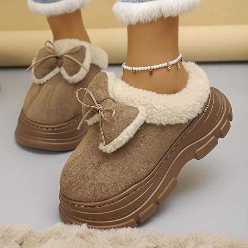 Fashion Bowknot Decor Platform Slippers Women Comfortable Non Slip Warm Fluffy Slippers Woman Thick Sole Fleece Lining Home Slides Shoes
