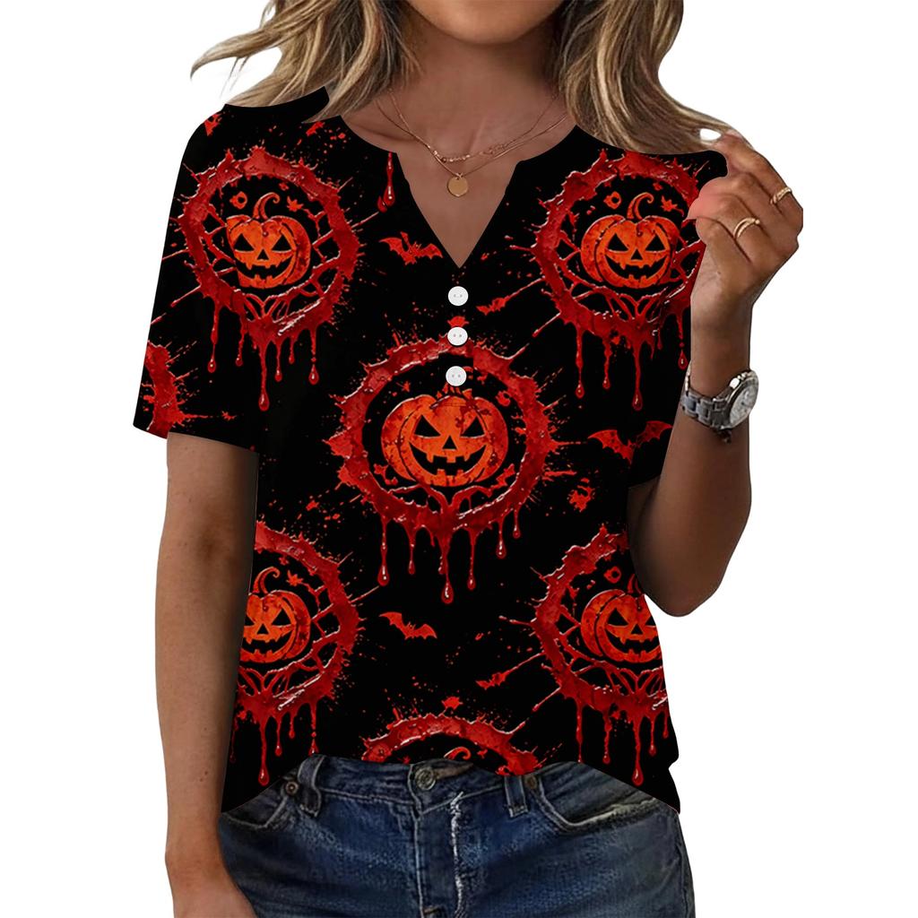 Women's Casual Short Sleeve V Neck Henley Shirt Button Front Halloween Print Lightweight Top for Everyday Wear