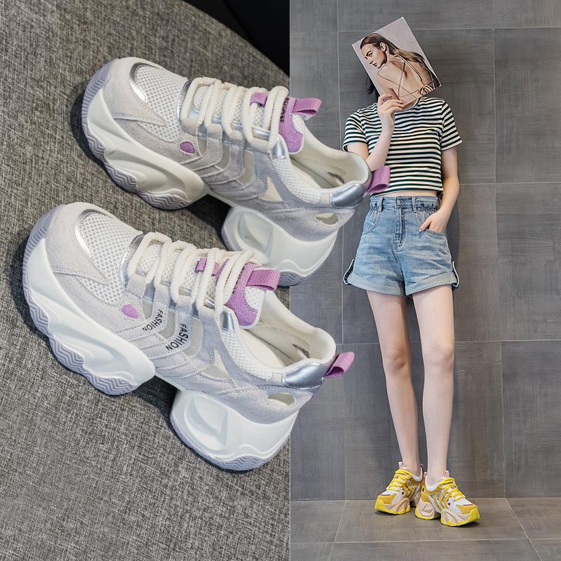 8818-1 Inner Height Increase of 7CM Leather Dad Shoes Women, Summer New Versatile Korean Version Thick-soled Muffin