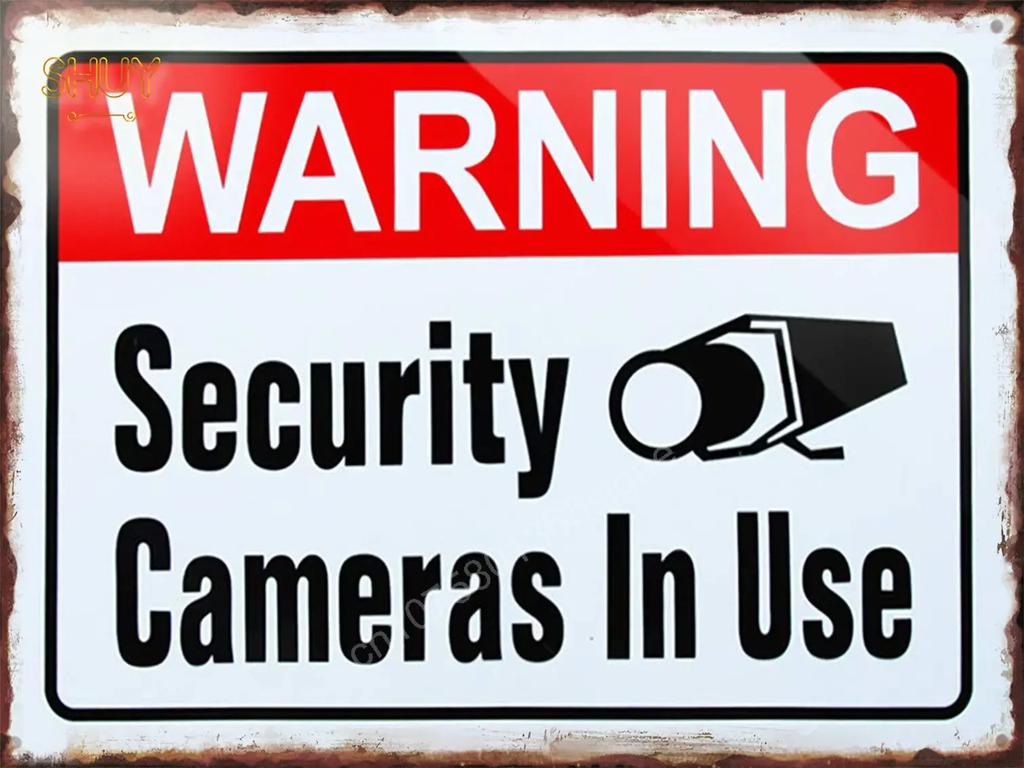 Retro Metal Tin Sign S Warning Red 24 Hour Video Surveillance Custom Painting Picture for Shop Bar Cafe English &Spanish Word