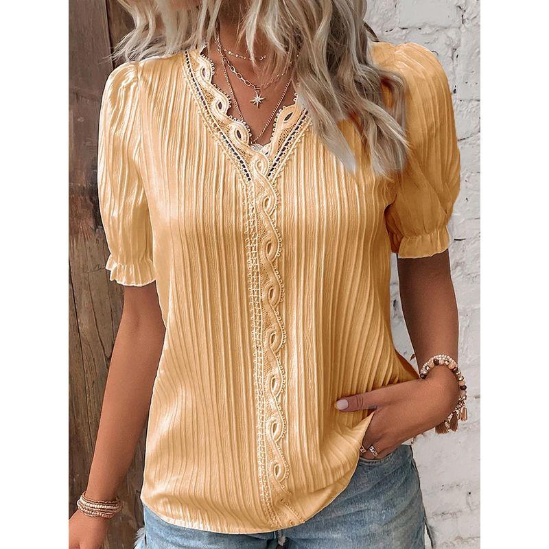 Hollow Short Sleeve Summer New Arrival European and American Women's Clothing All-Matching Shirt Holiday Fashion Cut Out Short Sleeve
