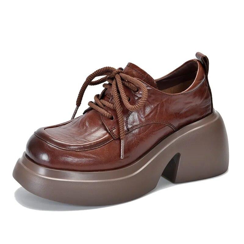 Johnature Lodičky na vysokém podpatku z pravé kůže Ženy Nepromokavé Platforma Šněrování Hrubé podpatky Boty na klínku