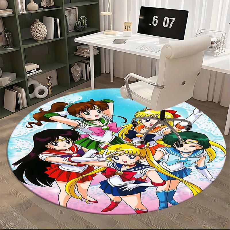 1 Stück Sailor Moon Anime Runder Teppich Bürostuhlmatte, Rutschfeste Matte für Heimdekoration, Wohnzimmer, Schlafzimmer, Spielzimmer