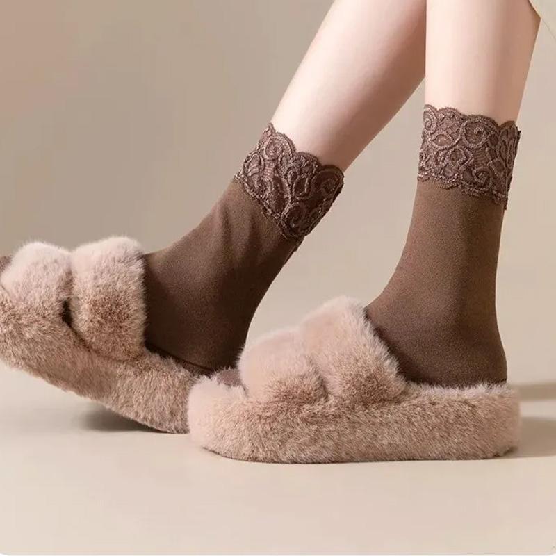 1Pair Lace Keep Warm Thicken Winter Socks Self-heating Fleece-lined Cotton Snow Socks