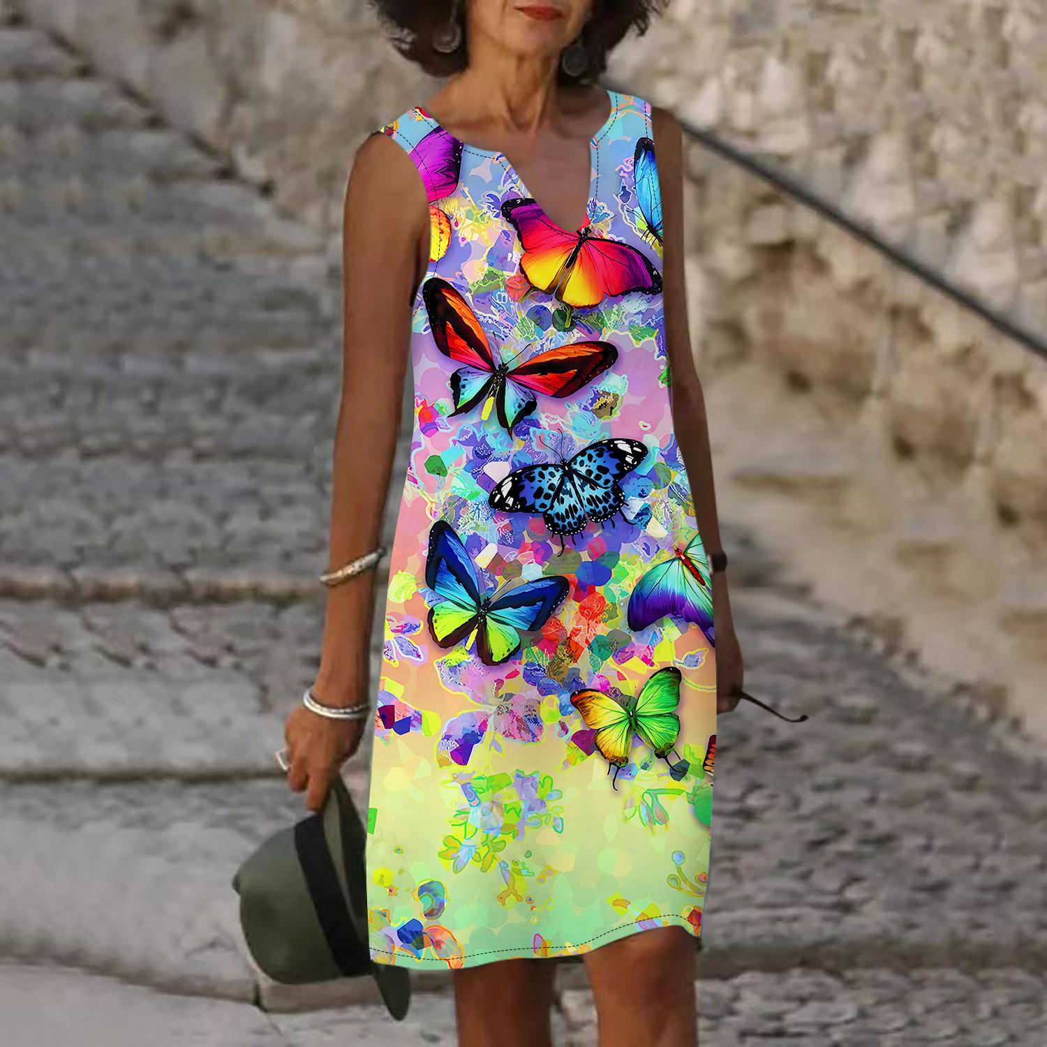 

Женское летнее красочное платье с v-образным вырезом и принтом бабочки, повседневное модное платье без рукавов, повседневное свободное сексуальное платье размера плюс XS-8XL 8XL зелёный