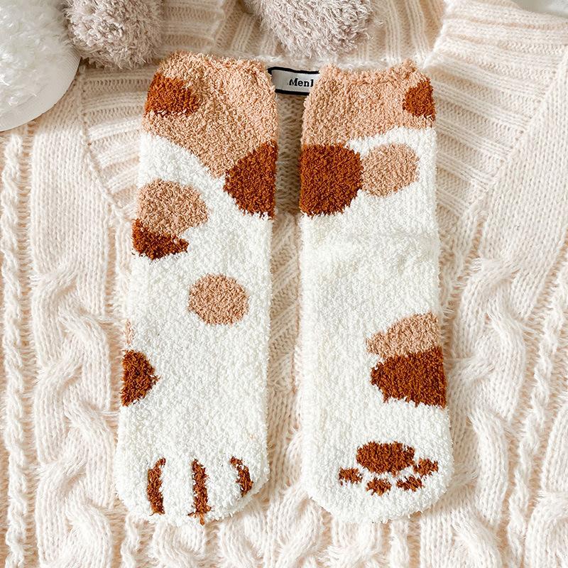 Cat Paw Striped Cute Socks Coral Fleece Winter Women Socks Thick Thermal Floor Sleeping Socks Candy Color Velvet Sock Warm