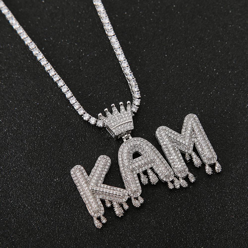 Trendy Customizable Name Necklace Initials Letters Crown & Water Drop Zircon Fashion Pendant Choker Pendant Brass Rope Chain 18inches&Letter-1 серебряный