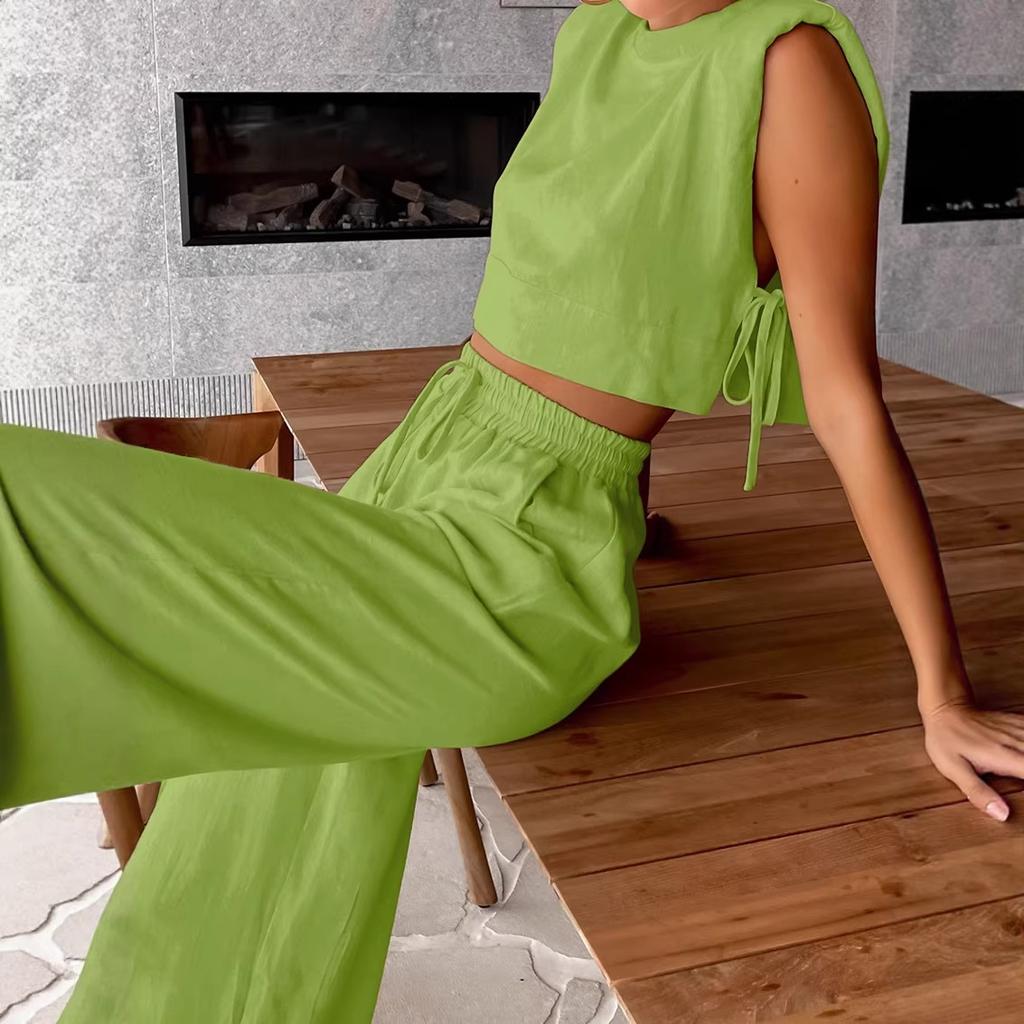 Fashion Cotton and Linen Suit Women's Clothing 2025 Summer New Shoulder Pads Sleeveless Top Trousers Two-piece Set European and American Casual