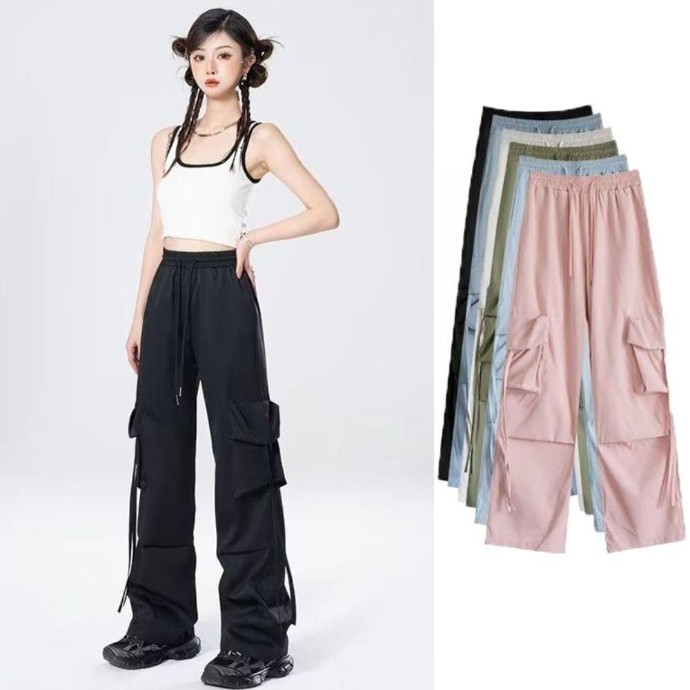 Drawstring Wide Leg Sweatpants Multi-pockets Women Joggers Trousers Baggy Cargo Pants  Sports