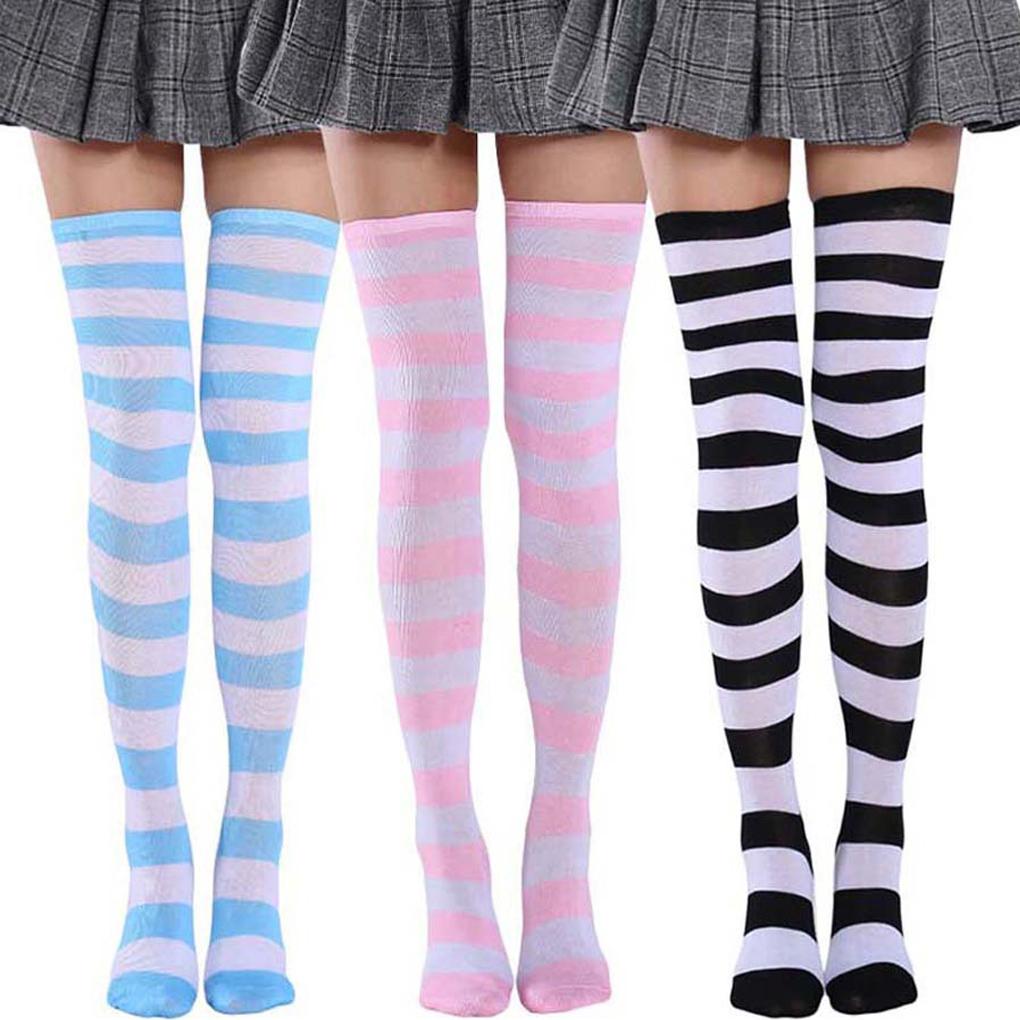 Pack of 2 Striped Plus Size Thigh High Socks Elasticity Breathability Comfortable Warm Fad Appearance Non Slip Stockings