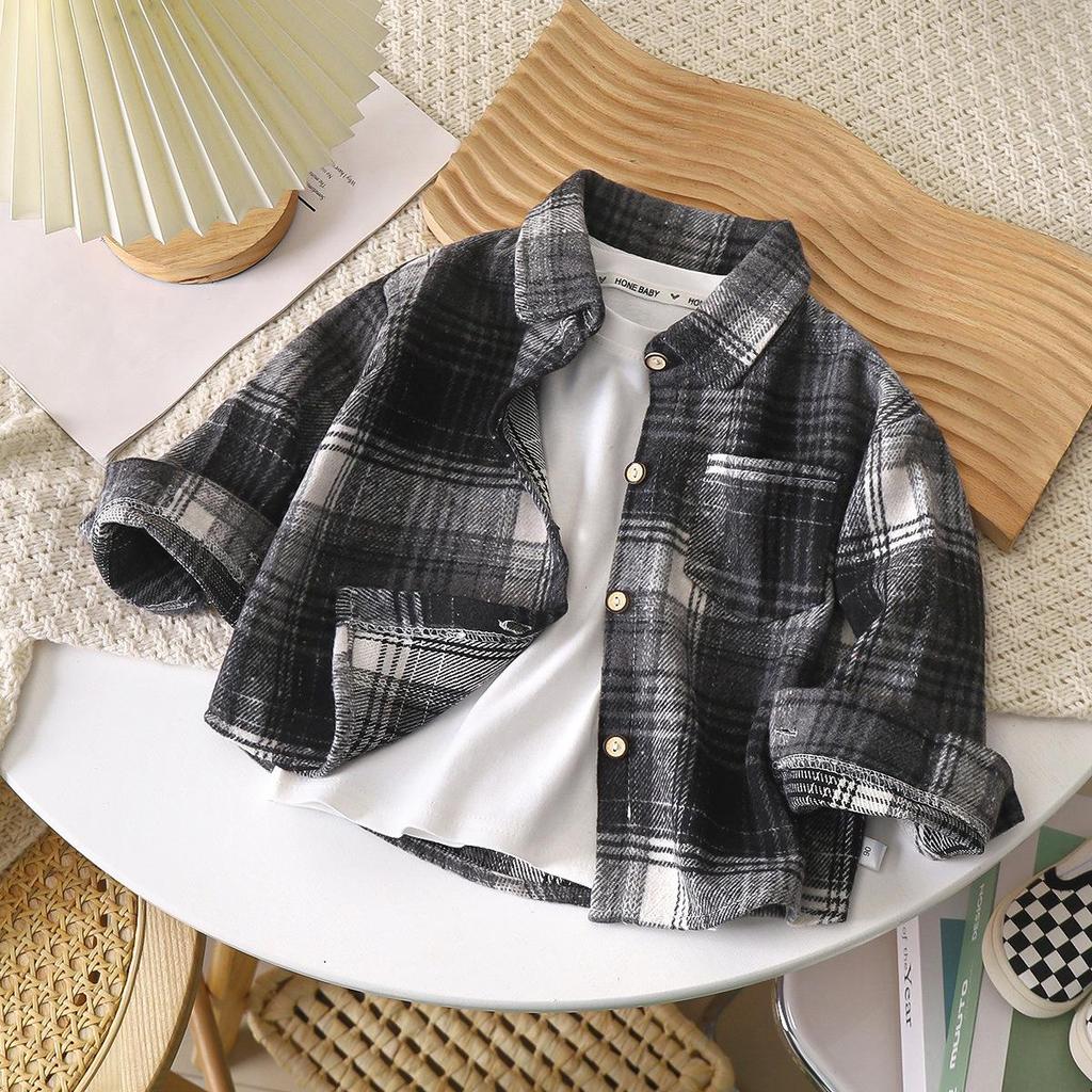 Unisex Retro Plaid Long Sleeve Shirt/Cardigan with Lapel for Kids