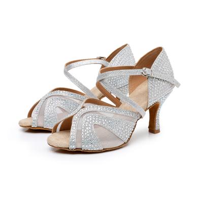 Women'S Tango Salsa Ballroom Dance Sandals 7Cm Rhinestone Latin Dance Shoes Sneaker Ladies Indoor Practice Shoes Wedding Shoes