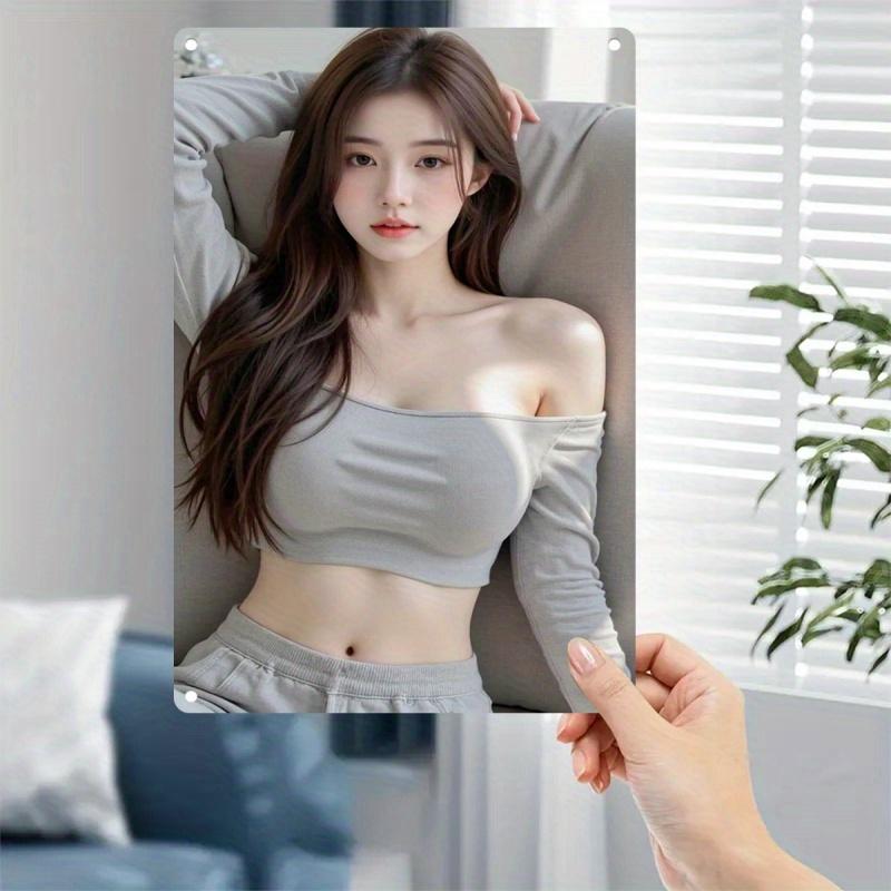 Retro Tin Poster Wall DecorMetal Poster - Elegant Female Face & Minimalist Korean-Style Woman Art - Heavy-Duty