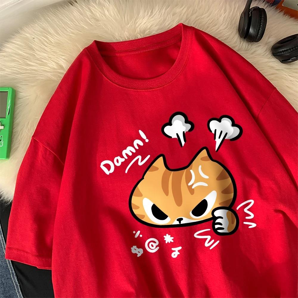 The Angry Cat Printed Round-neck and Womens Top Clothing New Fashion Summer Woman Clothing Cartoon Ladies Graphic T-Shirt