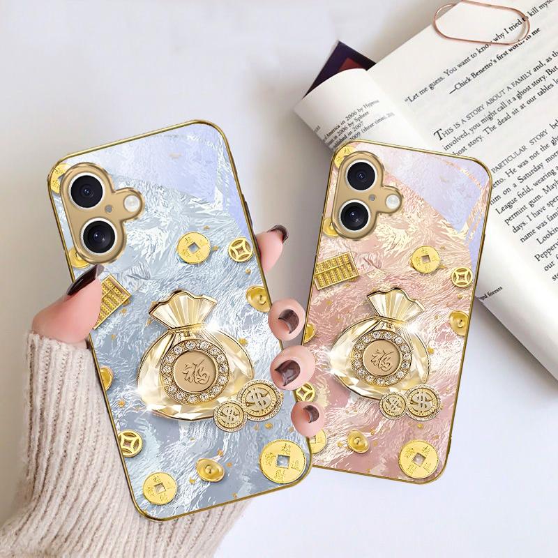 Lucky Bag of Blessings For iPhone 17 Pro Max 16 16E 15 14 13 Plus 12 mini 11 15Pro 17 Air XR X 17ProMax Golden glass phone case
