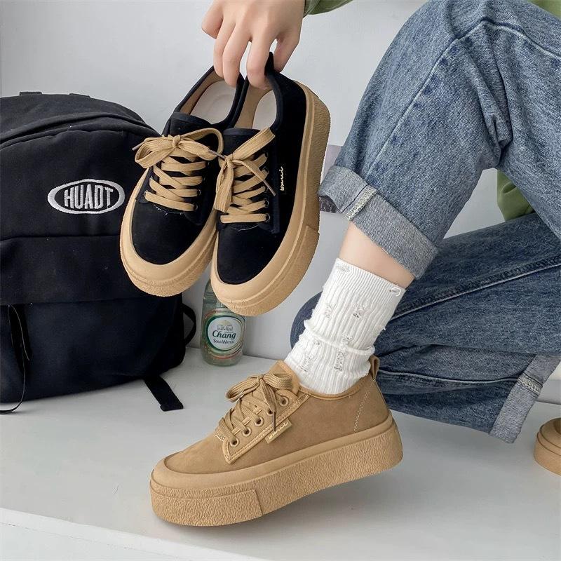 Scarpe nere con plateau di marca, nuove per primavera ed estate, con punta rotonda, modello muffin, scarpe da ginnastica casual